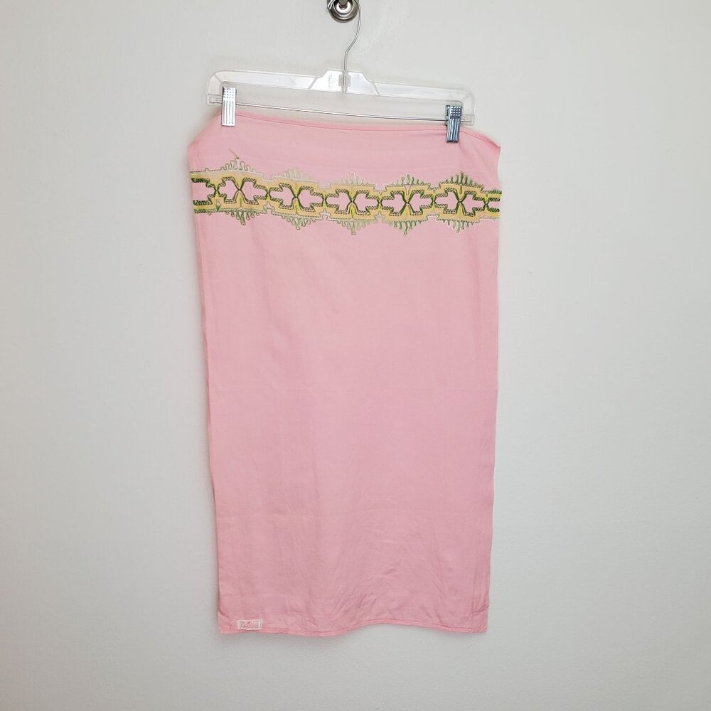 Vintage Cannon pink tea towel, green embroidery